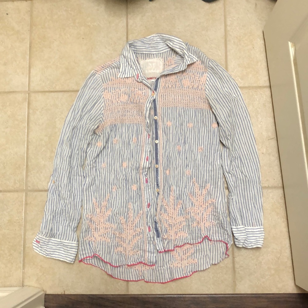 Blue and white button down with embroidery
